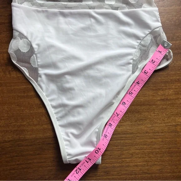 Aura White One Piece Swimsuit Sheer Panels Polka Dots Off Shoulder Size Small - Picture 6 of 11